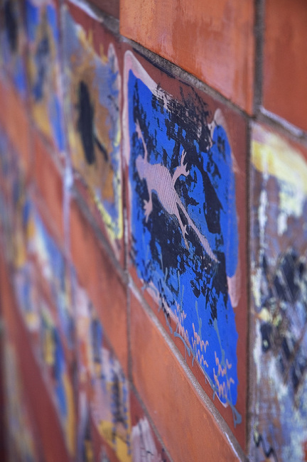 Closeup of hand-painted terracotta tiles