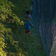 Michael and Theen walking down a narrow gap between trees and a fence